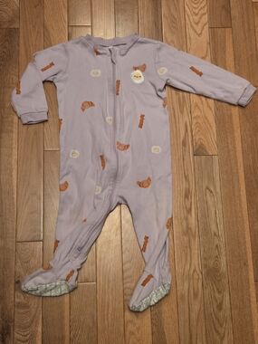 5/$20 Pekkle 12M Lavender Footed Onsie Sleeper with Breakfast Bacon & Egg Print